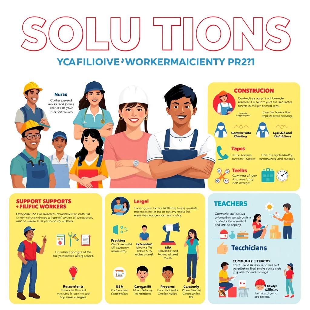 A vibrant and informative poster showcasing solutions for Filipino workers, featuring diverse individuals representing various professions such as construction workers, nurses, teachers, and technicians