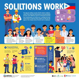 A vibrant and informative poster showcasing solutions for Filipino workers, featuring diverse individuals representing various professions such as construction workers, nurses, teachers, and technicians