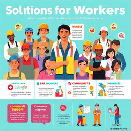 A vibrant and informative poster showcasing solutions for Filipino workers, featuring diverse individuals representing various professions such as construction workers, nurses, teachers, and technicians