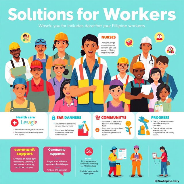 A vibrant and informative poster showcasing solutions for Filipino workers, featuring diverse individuals representing various professions such as construction workers, nurses, teachers, and technicians
