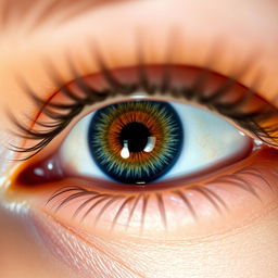 A close-up view of a beautiful human eye, showcasing its vibrant color and intricate details without any eyelashes