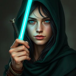 A full-body portrait of a half-elf woman resembling Marie Avgeropoulos, embodying a mix of strength and charm