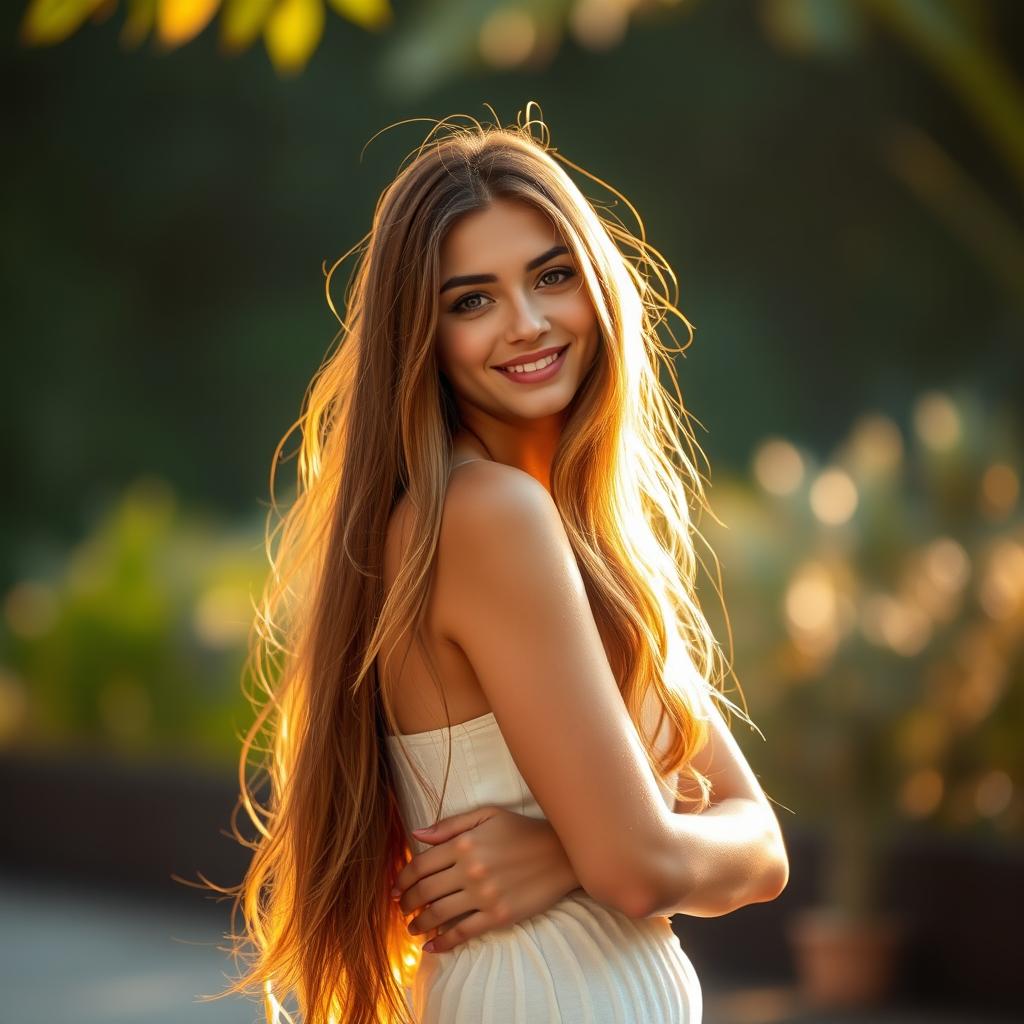 A beautiful young woman standing confidently, her long hair cascading down her shoulders, illuminated softly by warm golden light