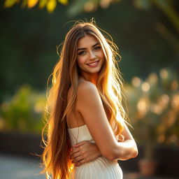 A beautiful young woman standing confidently, her long hair cascading down her shoulders, illuminated softly by warm golden light