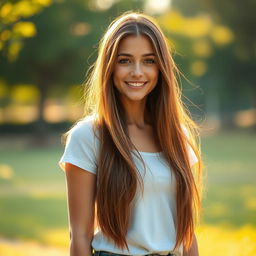 A beautiful young woman standing confidently, her long hair cascading down her shoulders, illuminated softly by warm golden light