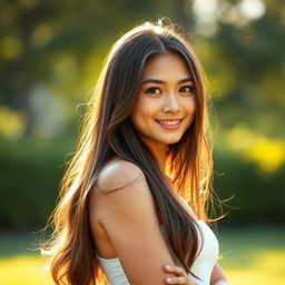 A beautiful young woman standing confidently, her long hair cascading down her shoulders, illuminated softly by warm golden light