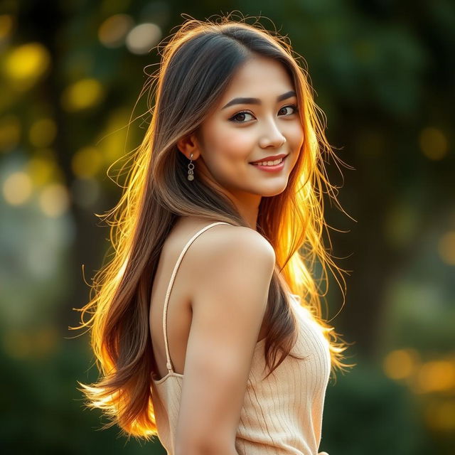 A beautiful young woman standing confidently, her long hair cascading down her shoulders, illuminated softly by warm golden light