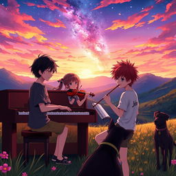 A beautiful anime scene depicted in a tranquil valley at sunset, showcasing a boy with black hair passionately playing the piano while wearing a shirt that says 'Jhan'