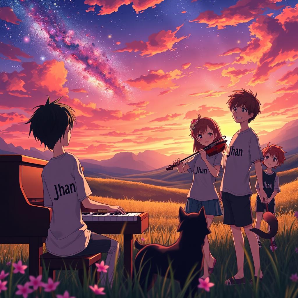 A beautiful anime scene depicted in a tranquil valley at sunset, showcasing a boy with black hair passionately playing the piano while wearing a shirt that says 'Jhan'