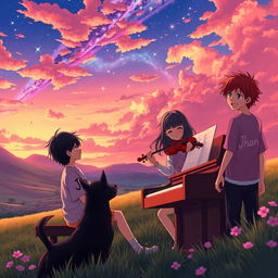 A beautiful anime scene depicted in a tranquil valley at sunset, showcasing a boy with black hair passionately playing the piano while wearing a shirt that says 'Jhan'
