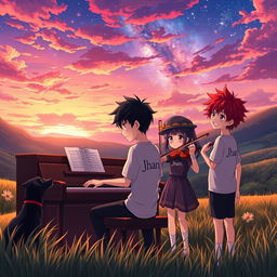 A beautiful anime scene depicted in a tranquil valley at sunset, showcasing a boy with black hair passionately playing the piano while wearing a shirt that says 'Jhan'