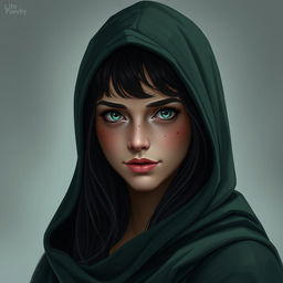 A portrait of a half-elf woman resembling Marie Avgeropoulos, featuring soft, gentle features and charming freckles on her small nose