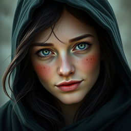 A portrait of a half-elf woman resembling Marie Avgeropoulos, featuring soft, gentle features and charming freckles on her small nose