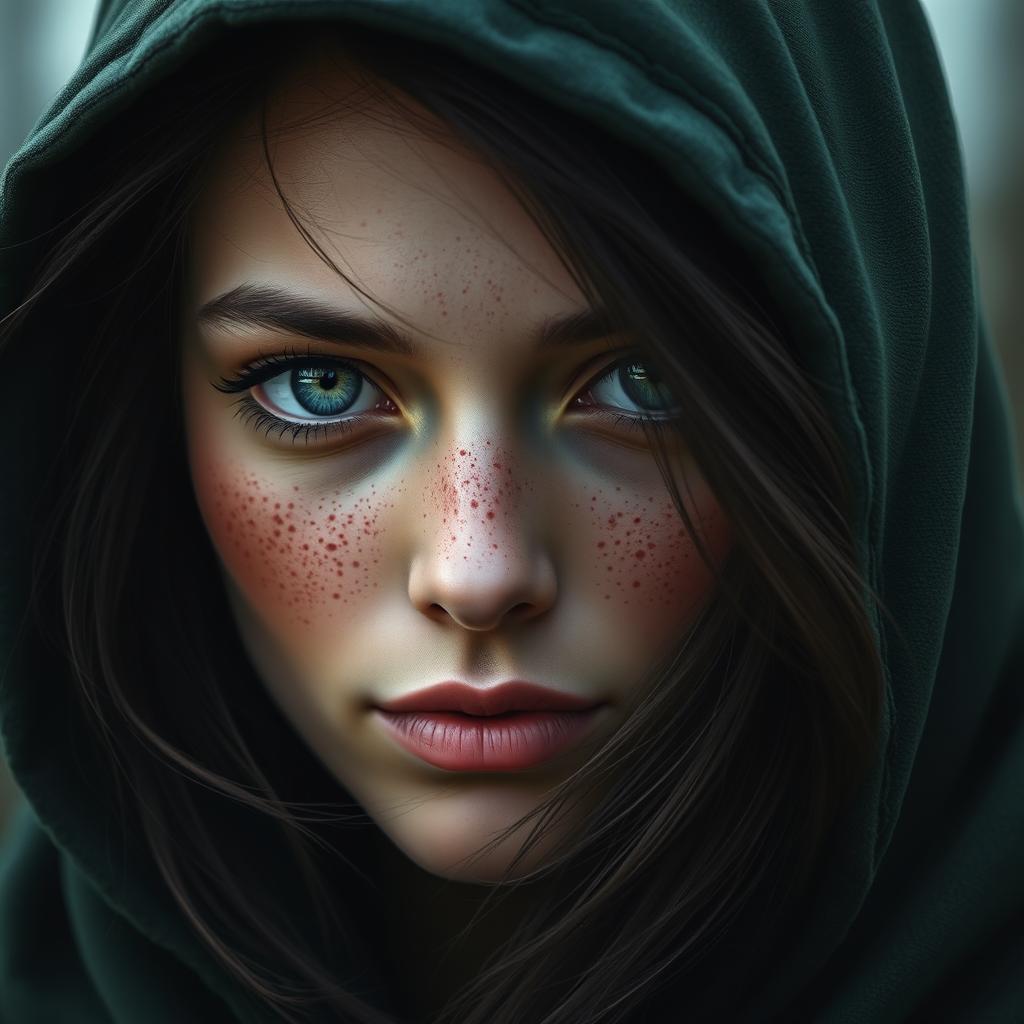 A portrait of a half-elf woman possessing soft, gentle features and charming freckles adorning her small nose