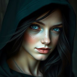 A portrait of a half-elf woman possessing soft, gentle features and charming freckles adorning her small nose