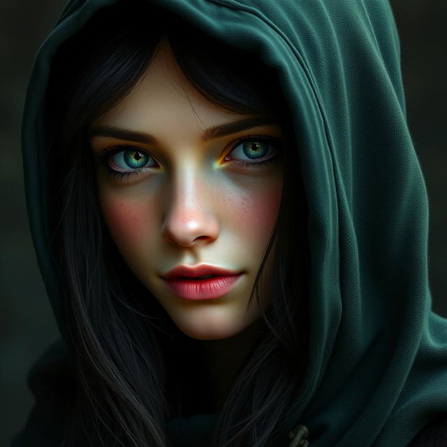 A portrait of a half-elf woman possessing soft, gentle features and charming freckles adorning her small nose