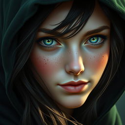 A portrait of a half-elf woman possessing soft, gentle features and charming freckles adorning her small nose