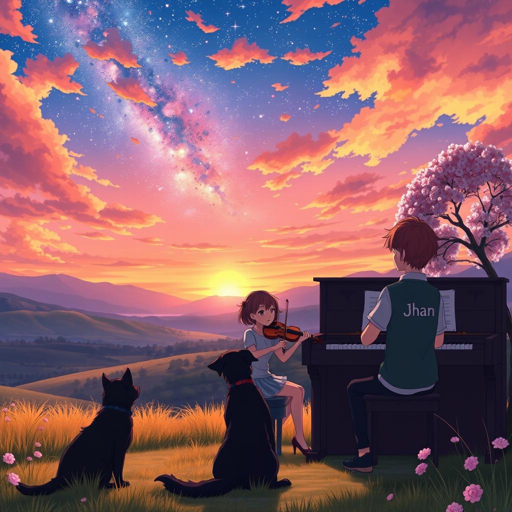 An enchanting anime scene set in a tranquil valley during a breathtaking sunset