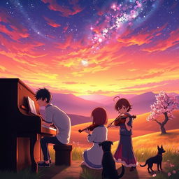 An enchanting anime scene set in a tranquil valley during a breathtaking sunset