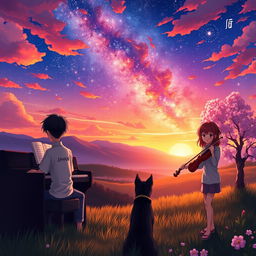 An enchanting anime scene set in a tranquil valley during a breathtaking sunset