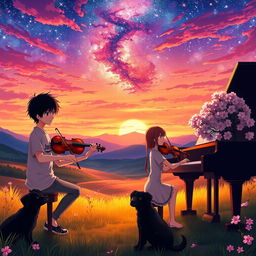 An enchanting anime scene set in a tranquil valley during a breathtaking sunset
