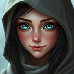 A portrait of a half-elf woman with soft, delicate features and charming freckles on her small nose