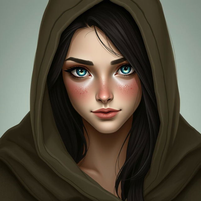 A portrait of a half-elf woman with soft, delicate features and charming freckles on her small nose