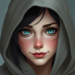 A portrait of a half-elf woman with soft, delicate features and charming freckles on her small nose