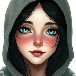 A portrait of a half-elf woman with soft, delicate features and charming freckles on her small nose