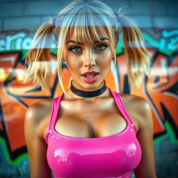 A close-up shot of a gorgeous female with blonde pigtails, wearing a form-fitting pink latex tank top that accentuates her large chest and cleavage