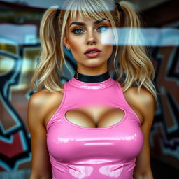 A close-up shot of a gorgeous female with blonde pigtails, wearing a form-fitting pink latex tank top that accentuates her large chest and cleavage