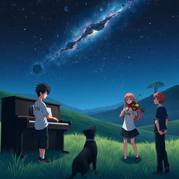 An anime boy with black hair wearing a shirt that says 'Jhan' is standing in a valley at night