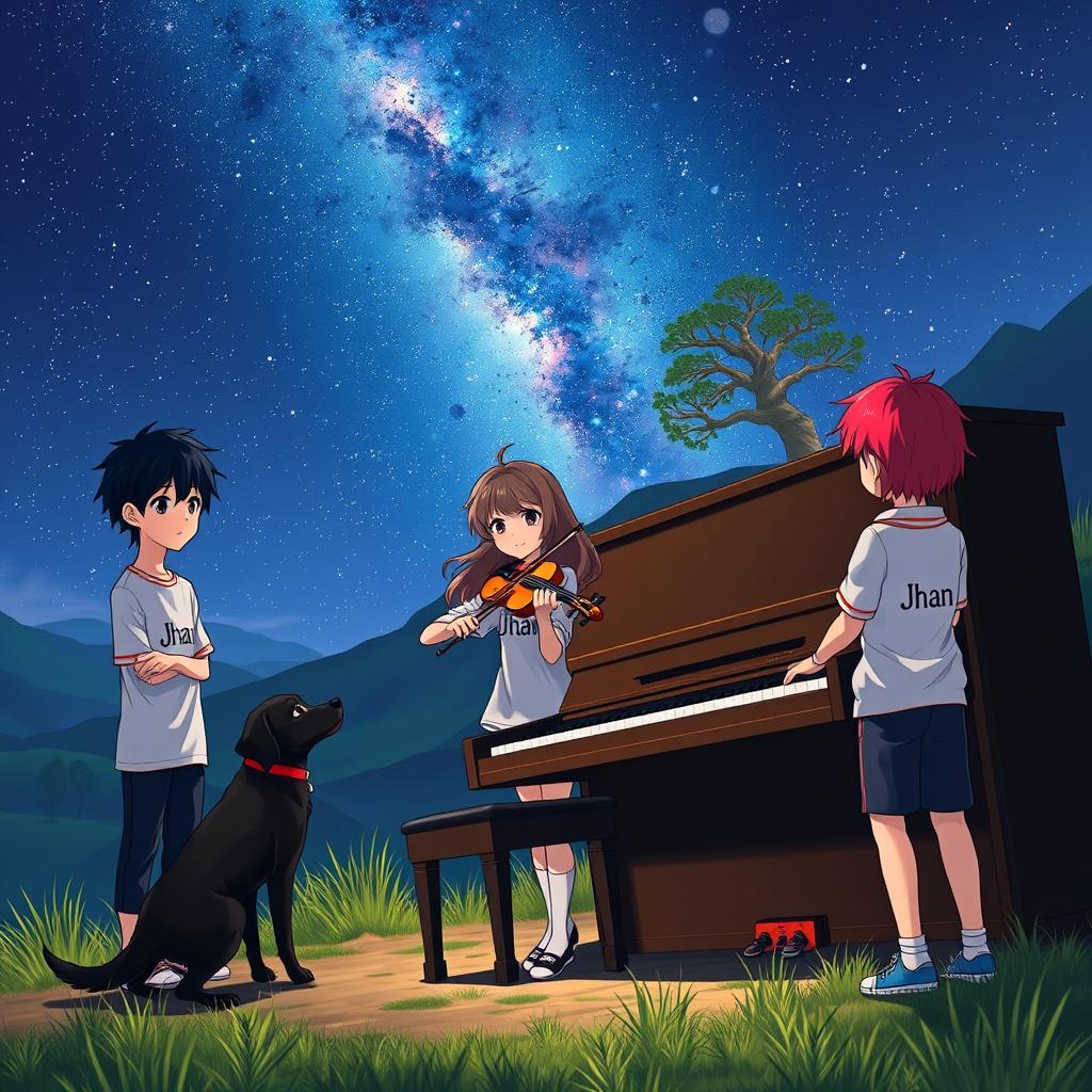 An anime boy with black hair wearing a shirt that says 'Jhan' is standing in a valley at night