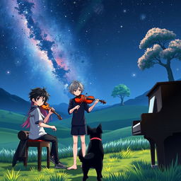 An anime boy with black hair wearing a shirt that says 'Jhan' is standing in a valley at night