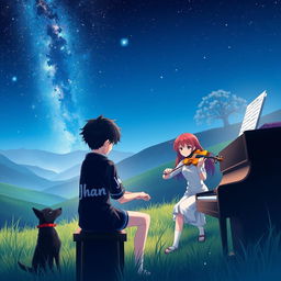An anime boy with black hair wearing a shirt that says 'Jhan' is playing the piano in a serene valley at night