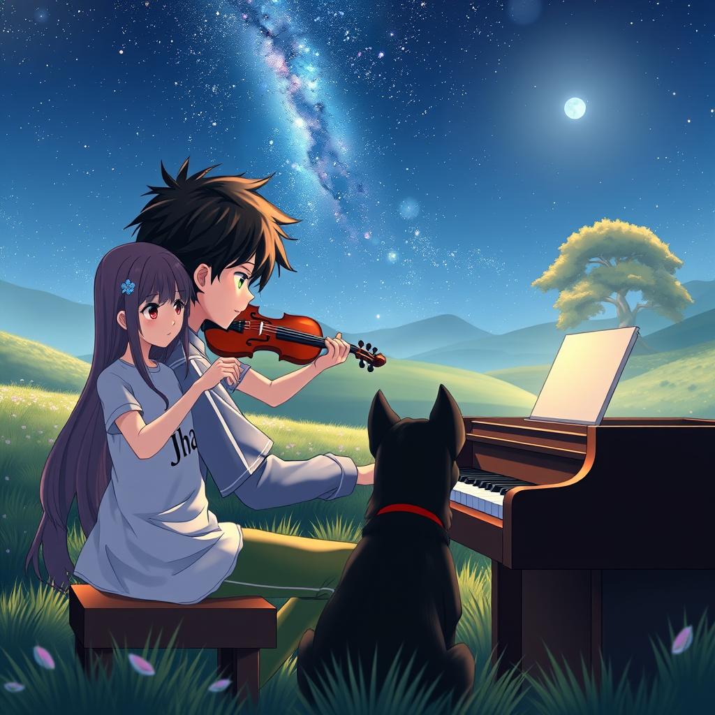 An anime boy with black hair wearing a shirt that says 'Jhan' is playing the piano in a serene valley at night