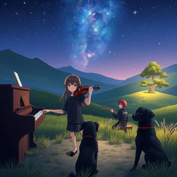 An anime boy with black hair wearing a shirt that says 'Jhan' is playing the piano in a serene valley at night