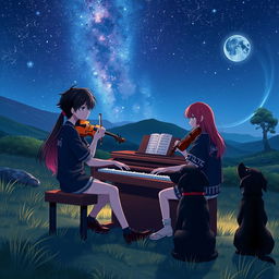 An anime boy with black hair wearing a shirt that says 'Jhan' is playing the piano in a serene valley at night