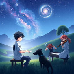 An anime boy with black hair, wearing a shirt that says 'Jhan', is playing the piano in a tranquil valley at night