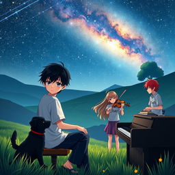 An anime boy with black hair, wearing a shirt that says 'Jhan', is playing the piano in a tranquil valley at night