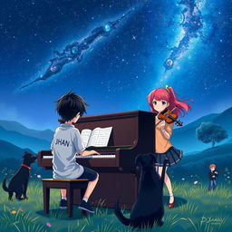 An anime boy with black hair, wearing a shirt that says 'Jhan', is playing the piano in a tranquil valley at night