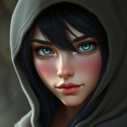 A portrait of a half-elf woman characterized by her soft features and charming expression