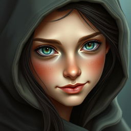 A portrait of a half-elf woman characterized by her soft features and charming expression