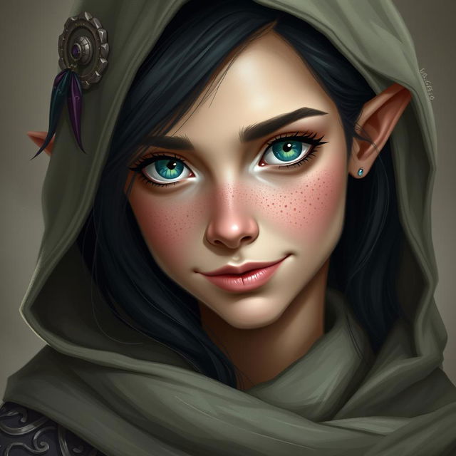 A portrait of a half-elf woman characterized by her soft features and charming expression