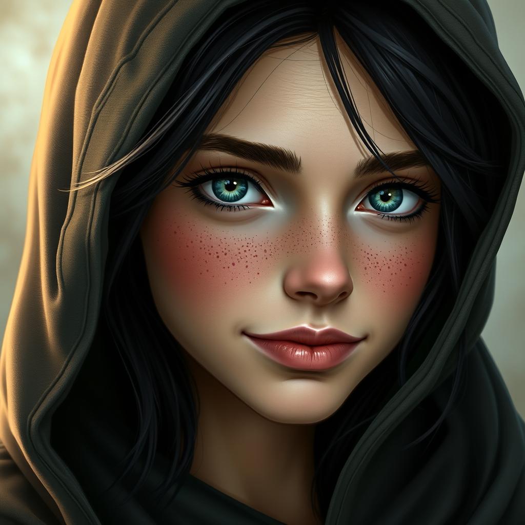 A portrait of a half-elf woman characterized by her soft features and charming expression