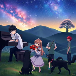 An anime boy with black hair, wearing a shirt that says 'Jhan', is playing the piano in a tranquil valley at night