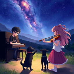 An anime boy with black hair, wearing a shirt that says 'Jhan', is playing the piano in a tranquil valley at night