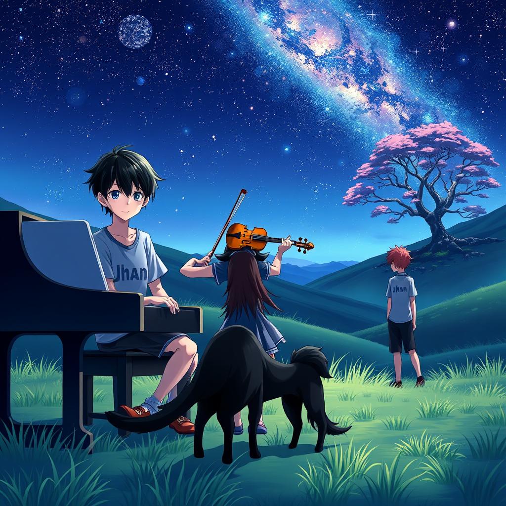 An anime boy with black hair, wearing a shirt that says 'Jhan', is playing the piano in a tranquil valley at night