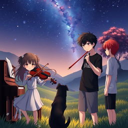 An anime boy with black hair, wearing a shirt that says 'Jhan', is playing the piano in a tranquil valley at night