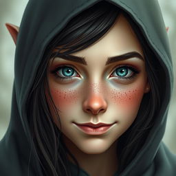 A portrait of a half-elf woman with soft features and a charming presence